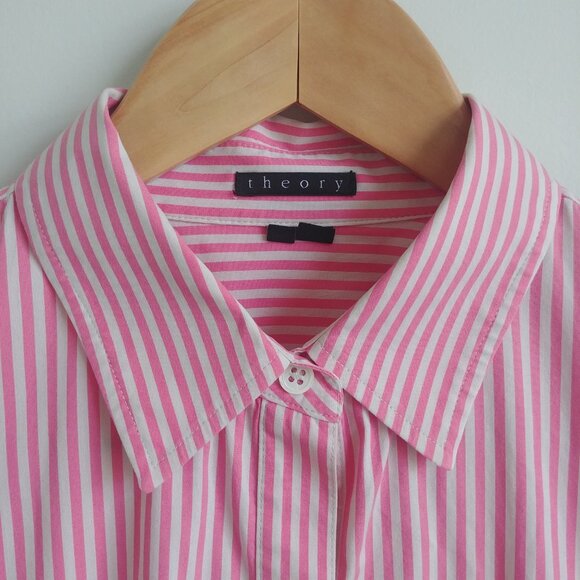 Theory Womens Medium pink white striped button down shirt blouse cotton - Picture 3 of 16